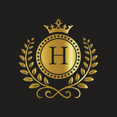 Elegant Gold Logo with Crown, Laurel Branches, and Serif Letter 'H' 