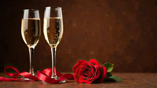 Two glasses of champagne, a red ribbon and a red rose. The concept of St. Valentin's Day
