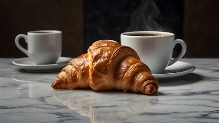 A flaky croissant paired with a steaming cup of espresso, placed on a marble countertop, with a few sugar cubes scattered nearby.
