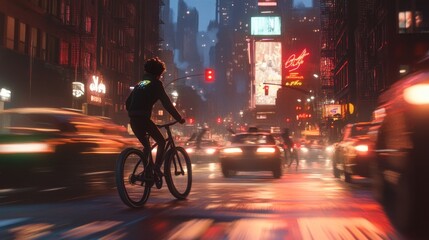 Person cycling through a busy city street at night.