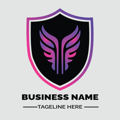 Modern Black Shield Logo with Gradient Wing Motif and Text 