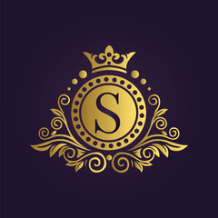 Ornate Gold Circular Medallion Emblem with Crown and Flourish Motifs  
