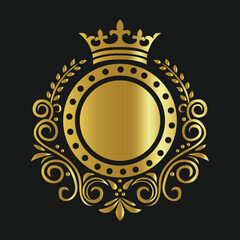 Ornate Gold Circular Emblem with Crown and Flourish Patterns on Black