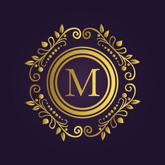 Luxurious Gold Circular Emblem with Floral Scrollwork and 'M' on Purple