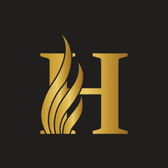 Stylized Metallic Gold 'H' Logo with Elegant Flame Accents  