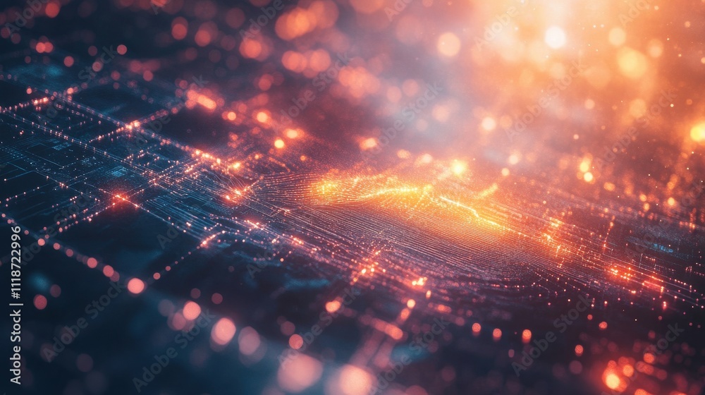 Poster abstract digital landscape with glowing elements and intricate patterns.