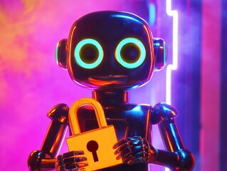 A friendly, futuristic robot with large, glowing eyes clutches a key-shaped padlock, representing...