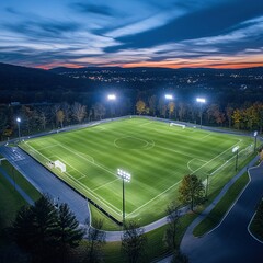 Exciting soccer match under floodlights local stadium aerial view evening atmosphere sports engagement