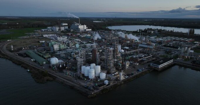 Chemical production facility, Dordrecht, The Netherlands, Aerial drone video.