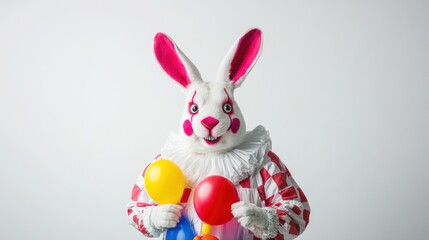 Fototapeta premium A whimsical clown-like rabbit holding colorful balloons, evoking a playful atmosphere.