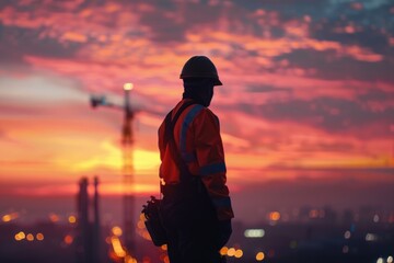 Engineer directs construction crews on high ground for safety.