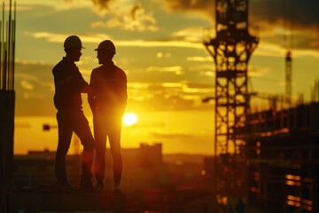 Fototapeta premium Business engineers seek blueprints in construction sites at sunset.