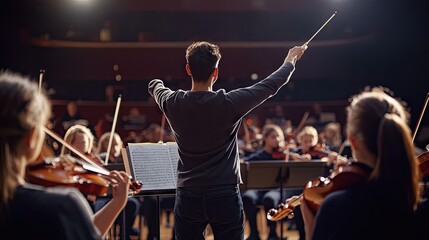 A male conductor leads a symphony orchestra during rehearsal, showcasing intense focus and passion.