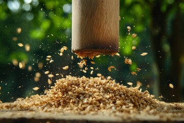 Close-Up View of Oats Being Ground with a Wooden Pestle, Capturing the Dynamic Motion of Oatflakes Spreading and Falling in a Natural Outdoor Setting