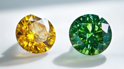 Fototapeta premium Two sparkling gemstones, one yellow and one green, displayed on a light background.