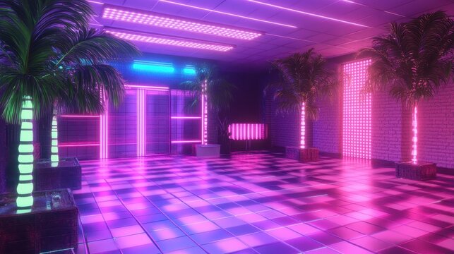 A vibrant, neon-lit room with palm trees and a checkerboard floor, evoking a retro atmosphere.