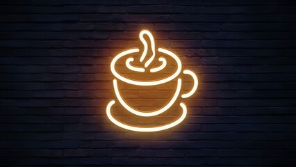 Neon glowing coffee on the wall background,brick wall, illustration,4k