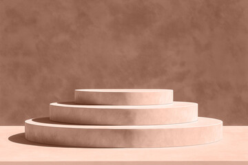 Mocha mousse beige podium with circular tiers on a flat surface in contemporary design. Modern trendy tone hue shade