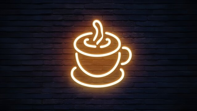 Neon glowing coffee on the wall background,brick wall, illustration,4k