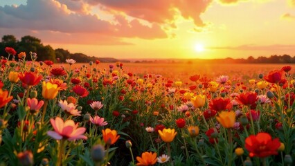 Fototapeta premium Golden hour landscape with a field of colorful flowers and a warm gradient sky