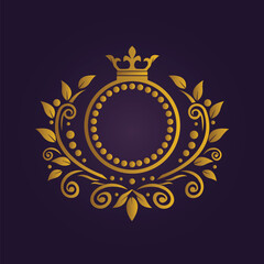 Golden heart-shaped emblem with fork knife and chef hat on dark purple background for luxury restaurant logo