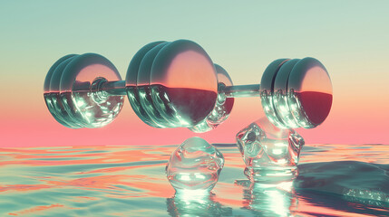 A surreal image depicts chrome dumbbells and translucent weights resting on a pink and teal, reflective surface, resembling water at sunset. The scene is abstract and visually striking