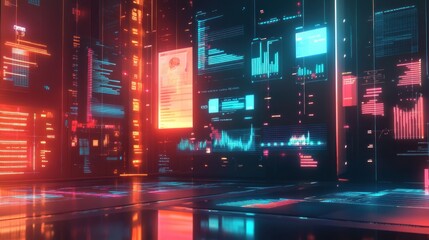 Obraz premium Futuristic digital data center with glowing screens displaying various information.