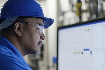Focused Industrial Worker Analyzing Data on Computer Screen in Modern Factory Environment with Safety Gear and Protective Eyewear for Engineering Assessment