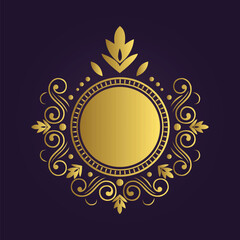 Luxurious ornate circular emblem with gold swirls and floral motifs on deep purple background in elegant style  
