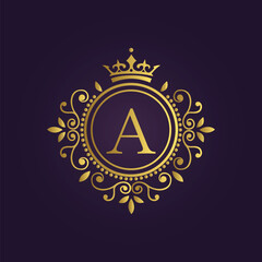 Luxurious gold emblem logo with ornate crown and letter A on deep purple background in elegant design  
