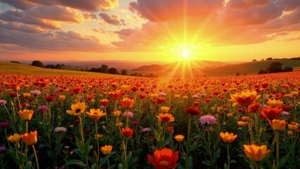 Golden hour landscape with a field of colorful flowers and a warm gradient sky