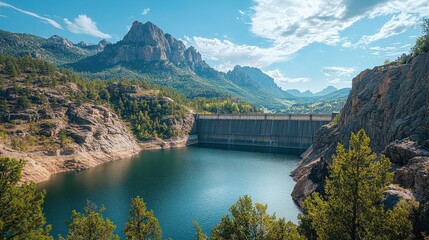 Serene Mountain Reservoir Landscape with Dam and Blue Sky