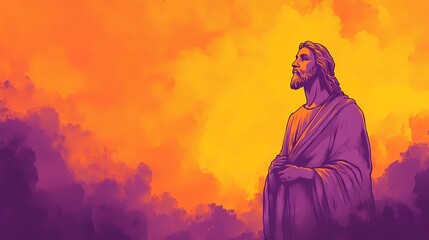 Obraz premium Mystical illustration of a Jesus statue surrounded by ethereal light and serene nature, evoking peace and divine spirituality.