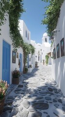 Fototapeta premium Serene religious buildings, white walls, and blue doors line the streets of Greece Island.