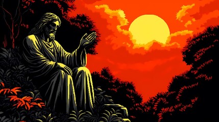 Obraz premium Mystical illustration of a Jesus statue surrounded by ethereal light and serene nature, evoking peace and divine spirituality.