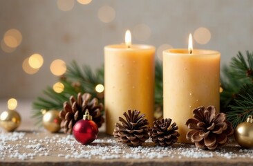 christmas still life with candle and new year decorations