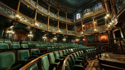 Obraz premium Grand theater interior, ornate balconies, rows of green theater seats.