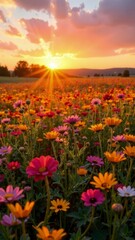 Fototapeta premium Golden hour landscape with a field of colorful flowers and a warm gradient sky