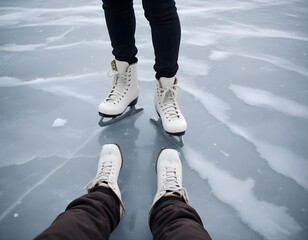 A person's feet wearing ice skates on a frozen lake, with snow falling around them