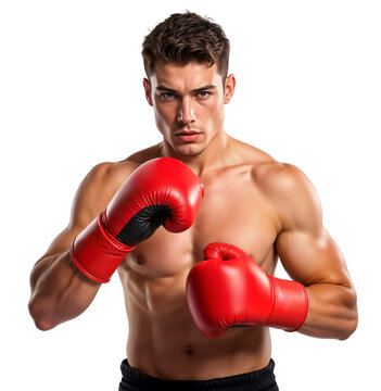 A young boxer wearing red boxing gloves, posing in a fighting stance