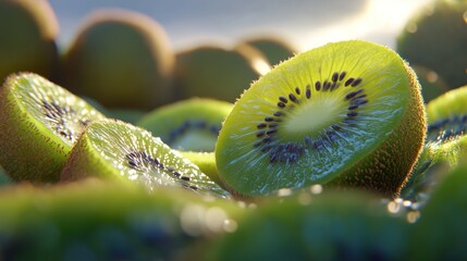 A close-up of sliced kiwis showcasing their vibrant green flesh and seeds.