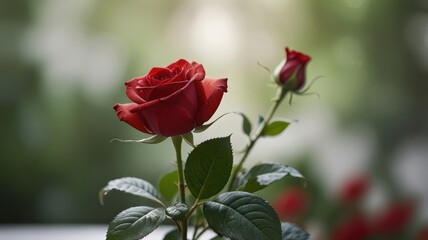 Single red rose blooming with bud, green leaves, blurred background.