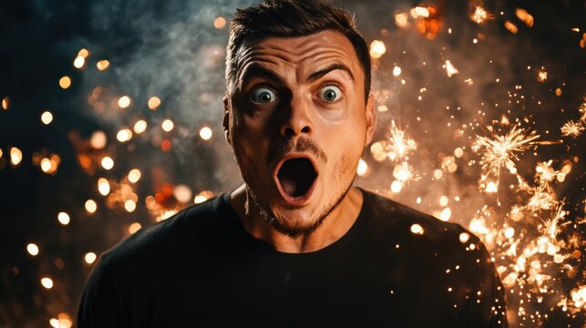 Surprised Man with Fireworks Background