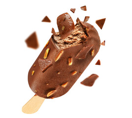 Chocolate popsicle with chocolate coating, coconut pieces and creamy filling with explosive shell