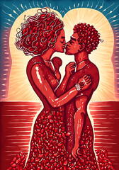 Bella coppia afroamericana che si bacia al tramonto., Illustrazione vettoriale