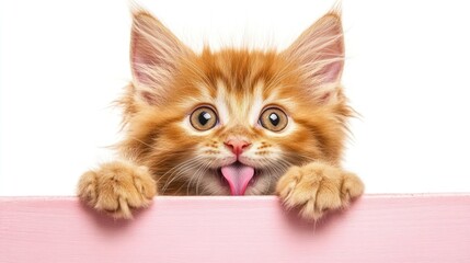 A playful orange kitten peeks over a pink surface, sticking out its tongue.