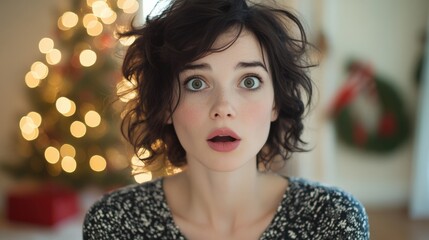 Fototapeta premium Surprised Woman in Cozy Holiday Setting