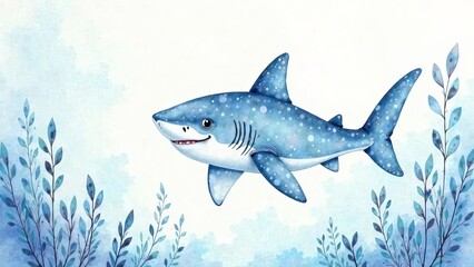  Watercolor baby shark with coral and seaweed in soft tones