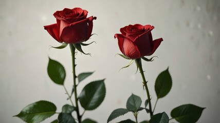 Two red roses on stems against a light background.
