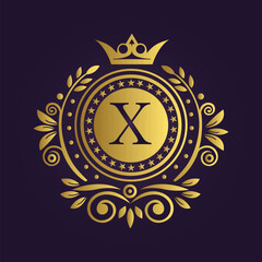 Ornate Gold Emblem with Letter 'X', Crown, and Star Accents on Dark Background